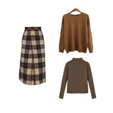 Autumn 3pcs Sets Knitted Pullover Sweater+Stretch High Neck Bottoming Shirt+Plaid High Waist Long Skirt Women 2021