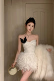 Girl Sexy Hot Diamond Slim Fit Lace-up Dress Women's Autumn/Winter Spliced Feather Strapless Bottom Dress Female