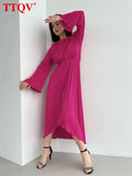 Elegant Green Pleated Dresses For Women 2022 Autumn O-neck Long Sleeve Midi Dresses Casual Loose High Waisted Female