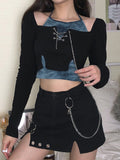 SUCHCUTE Gothic Tie Dye Print Patchwork Crop Tops Women With Chain Long Sleeve Skinny Slim T-Shirt Punk Style 90s Outfits