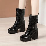 Martin Boots 2023 Autumn / Winter Cheongsam Walking Shoes Tie English Style Thick Heels Lacquered Leather Boots Women's Short