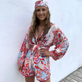 women Elegant Red Print Shirt 2021 Spring Fashion Ladies Indie Folk Suits Ladies Vinatge Totem Floral Beach