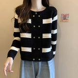 Zingj Autumn 2024 French Small Fragrant Wind Knit Cardigan Sweet Black And White Stripe Lazy Long Sleeve Jacket Women's Sweater-Outfit