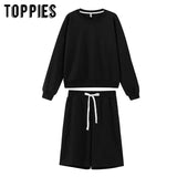 2021 Women Two Piece Set Tracksuits O-neck Sweatshirts Elastic High Waist bermuda shorts solid