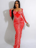 Sexy Mesh Rhinestone Crystal Patchwork Maxi Dress New Women Long Sleeve Sheer Bodycon Night Clubwear Long