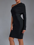 Long Sleeve Bandage Dress Black Bodycon Dress Evening Party Elegant Sexy One Shoulder Birthday Club Outfit 2022 New