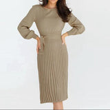 Winter Round Neck Solid Elegant Slim Belt Pleated Sweater Midi Dresses Ladies Waist Wild Knitted Bottomed Casual