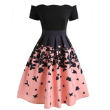 Print Women Vintage Dress Slash Neck Black Pink Patchwork Casual Party Dresses Sexy Elegant A-Line Swing Retro