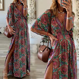 954 Spot In 2025 Fall New Fashion V-Neck Short Sleeve Loose Bohemian Medium And Long Print