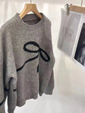 Zingj New 2024 Korean Version Of The Versatile Design Bow Knit Loose Soft Waxy Round Collar Sweater-Outfit