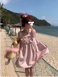Kawaii Slip Dress Women Pink Ruffles Patchwork Mini Dresses Sweet Preppy Style 2022 Summer Holiday Beach