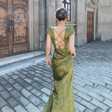 Green V-Neck Satin Jacquard Dress Women's Backless Sexy Maxi Dress Summer Ladies Robe Vintage Vestidos Female