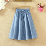 Waist Skirt Casual Striped Bow Denim Women Solid Color Long Skirt Female Elegant Big Hem Casual Button Jean