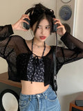Sexy See Through Crop Tops Thin Hollow Out Vintage Two Pieces Tops Y2k Grunge T-shirt Women Summer Beach Wear Tee