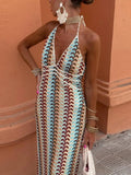 Contrast Embroidery Lace Up Halter Long Dress Women Sexy V Neck Backless Off Shoulder Robe 2024 New Lady Holiday