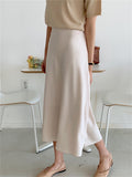 Spring Women Elegant High Waist Satin Skirt Female Casual A-Line Midi Silk Fashion