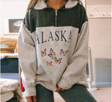 Women Sweatshirt Oversized Alaska Letter Fashion Vintage POLO Collar Casual Pullovers Long Sleeves Winter Hoodie Fleece