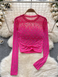Letter Beadings Women Blouse O Neck Long Sleeves 2023 Autumn Fashion Senior Streetwear Hotsweet T Shirt Sheer Y2K