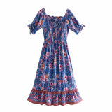 Queens Women Floral Print Short Sleeve Beach Bohemian Midi Dresses Ladies Sexy Off Shoulder Boho Dress