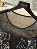 2024 New Fashion Bodycon Long Dress Europen O Neck Long Sleeve Feather Female Senior Mesh Transparent Diamonds