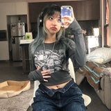 retro Eyes Print Tops Fairy Grunge Graphic Spring T Shirts Vintage Indie Aesthetic Clothes Cyber Y2k Slim Long Sleeve