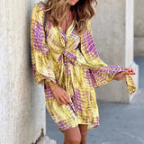 Spot 2025 New Women's Fashion Temperament Print Long Sleeve V Tie