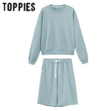 2021 Women Two Piece Set Tracksuits O-neck Sweatshirts Elastic High Waist bermuda shorts solid