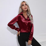 Autumn Satin Shirt Women V Neck Long Sleeve Office Shirt Blouses Ladies Black White Silk Loose Shirts For