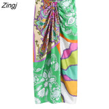 Women Vintage Cloth Patchwork Floral Print Knotted Sarong Skirt Faldas Mujer Female Back Zipper Chic Slim Vestidos