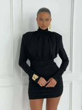 Turtleneck Long Sleeve Puff Pleated Mini Dress- Outfit
