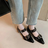 Zingj Heel Fashion Shoes Spring 2024 New Women's Shoes Belt Buckle Pointed Head Four Seasons Shoes Thick Heel Low Top Shoes Shallow Mouth Single Shoes-Outfit