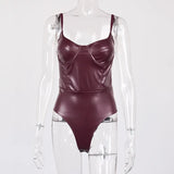 Sexy PU Leather Skinny Bodysuit Women Solid Sleeveless Spaghetti Strap Women Jumpsuits Sexy Night Party Club