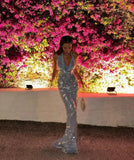Blue Sequin Halter Cowl Neck Maxi Dress-Outfit