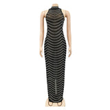 Sexy Black Rhinestones Crystal Maxi Dress Women High Neck Sleeveless Bodycon Backless Night Clubwear Long