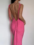 Women Sexy Long Dress Slim Backless Tie Up Solid Halter Sleeveless Strap Summer Clubwear Beach Ruched Dress