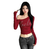 Winter Fashion Trend Women's New Personality Hottie Slant Shoulder Repair Letter Hot Umbilical Umbilical Clad