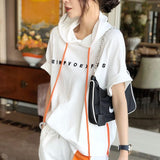 Fashion Women Short Sleeve Loose T-shirt All-matched Casual Hooded Tee Shirt Femme Letter Print Tops 100% Cotton
