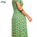 Fashion Summer Women Dress Flower Print Short Sleeve Dress 2022 New Sexy Slim Casual V-Neck High Waist A-line Midi