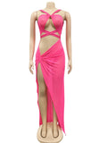 Sexy Black Mesh Glitter Crystal Maxi Dress Women Strap Hollow Out Side High Split Night Clubwear Long Dress