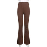90s Aesthetics High Waist Brown Flare Pants Vintage Zip Up Skinny Long Trousers Indie Pants Slit Casual