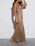 Round Neck Knitted Maxi Dress Women Sleeveless Hollow Out Bodycon Robes 2024 New Fashion Lady Beach Party