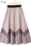 Spring Summer Fashion Midi Long Pleated Skirt Women Striped Print Elegant Chic Casual High Waist A Line Skirts