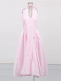 2025 Spring New Retro French Famous Hanging Neck Dress Gentle Lattice Waist Thin Sweet Dress