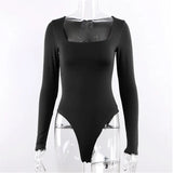 Long Sleeve Women Body streetwear dropshipping Forefair Sexy Bodycon Square Neck Sheath Crotch Basic Black Overalls
