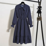 Women Casual Summer Dress Lady Korean Style Vintage Floral Printed Chiffon Shirt Dress Long Sleeve Bow Midi Summer Dress