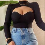 Women Long Sleeve Round Neck T-Shirt Skinny Tops Chest Cut Out Sexy Black Crop Top Autumn Tee Shirt Cropped