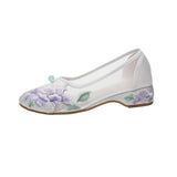 Zingj Shoes Low Heel Root Embroidered Cloth Shoes Bright Silk Quilting 2023 Summer With Fairy Gauze Skirt