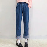 Women Strawberry Printed Patchwork Harajuku Elastic High Waist Ankle-length Jean Femme Womens Korean Style Kawaii