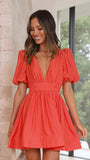 Zingj Summer New Sweet Deep V Waist Show Thin Pleated Bubble Sleeve Dress