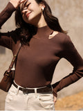 Women's Knitted Sweater 2022 Autumn Hollow Out Half High Collar High Strecth Female Clothing Solid Slim Tops